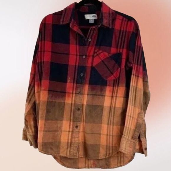 Old Navy Upcycled Bleached Red Black Orange Plaid Flannel Button Up Shirt Size S - Picture 2 of 12